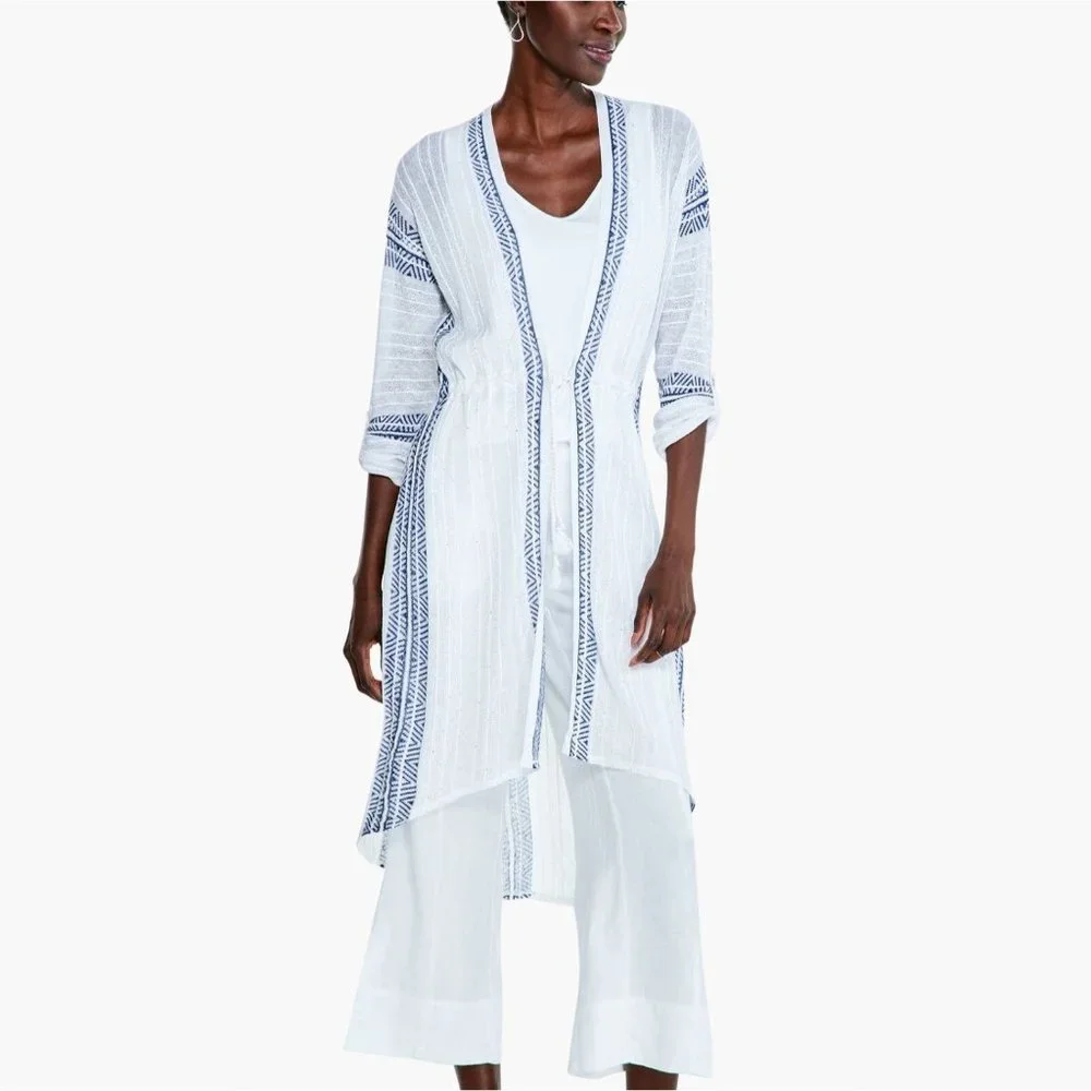 NIC+ZOE White and Navy Lightweight Open Front Cardigan